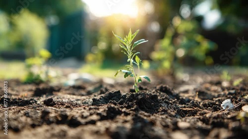 Young green plant emerges from rich soil, captured in a series of frames showcasing growth progression, with sunlight illuminating the scene and camera gently zooming in
