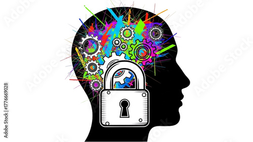 High-Quality Black Outline Colorful Art of Head Silhouette with Gear and Padlock Icons, Representing Business Innovation Under Legal Protection, on White Background