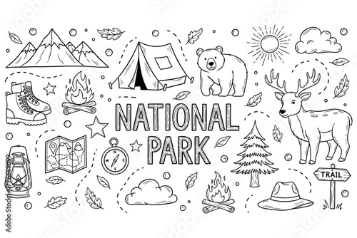 National park adventure icons: tent, bear, deer, compass, mountains, hiking