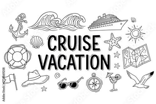 Hand-drawn cruise vacation elements with waves, ship, and sea icons