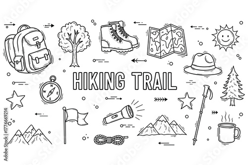 Hiking trail essentials: boots, backpack, map, compass, and nature icons