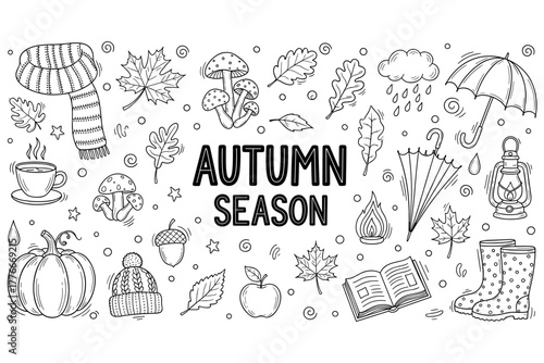 Autumn season doodle art with leaves, mushrooms, and fall accessories