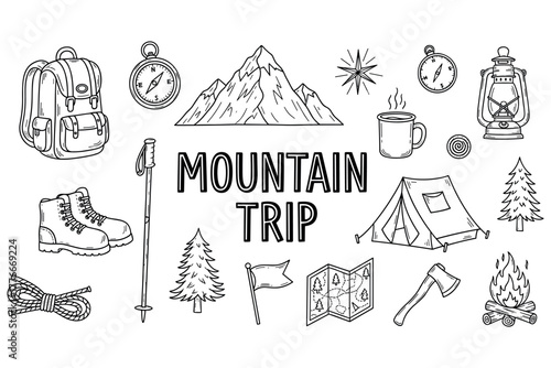 Mountain trip essentials: hiking gear, camping equipment, and outdoor adventure symbols