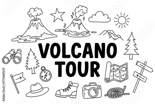 Volcano tour adventure icons: mountains, compass, trees, map, and camera illustrations