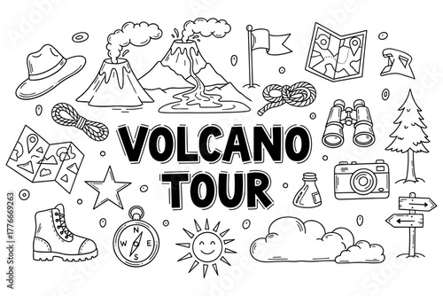 Volcano tour adventure: maps, hiking gear, binoculars, camping icons in black and white
