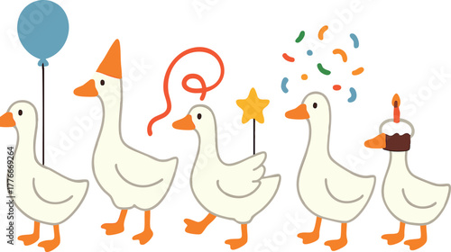 Cute cartoon white geese celebrating birthday with party hats balloon and cake in vector style