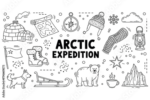 Arctic expedition illustration with polar bear and exploration gear