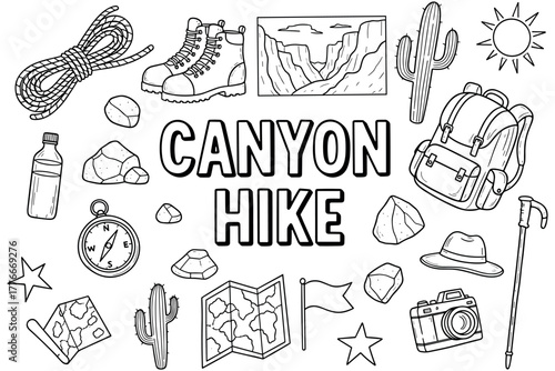 Outdoor adventure gear and symbols for canyon hiking