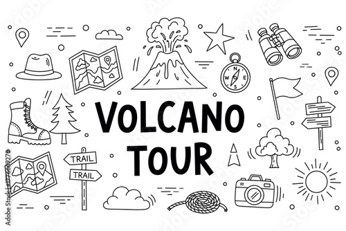 Adventure icons surrounding volcano tour illustration with trail elements