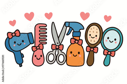 Cute hair styling tools with happy faces and pink hearts in kawaii style vector illustration