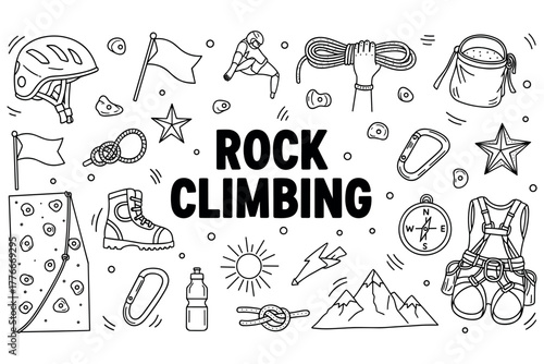 Rock climbing elements: gear, equipment, and adventure icons