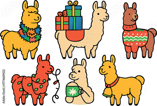 Cute colorful llamas with holiday decorations and gifts in festive winter style vector illustration