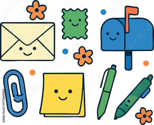 Cute cartoon mail stationery set with smiling envelope mailbox paperclip pen and flowers vector illustration