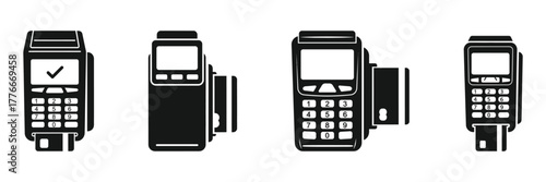Set of pos terminal icons, representing payment processing, retail technology, and secure financial transactions on transparent background