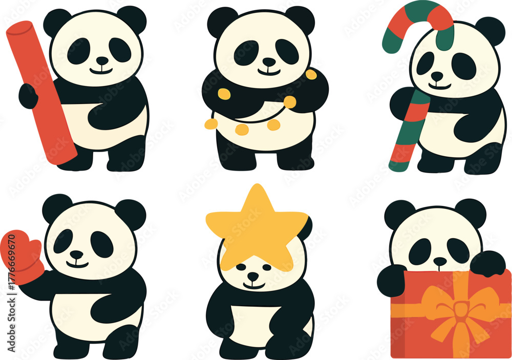 Obraz premium Cute pandas celebrating Christmas with gifts decorations and candy canes in playful holiday vector design