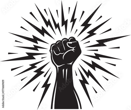 Dynamic electric power fist with lightning explosion and strength symbol