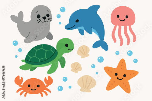 Cute sea animals vector with happy seal dolphin turtle crab starfish jellyfish and shells design for children and kids fun ocean life
