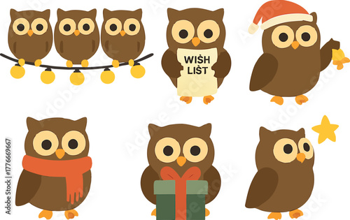 Cute cartoon owls celebrating Christmas with decorations gift scarf and wishlist festive holiday vector illustration
