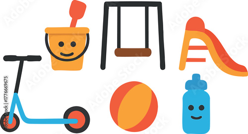 Playground toys vector set featuring bucket, swing, slide, scooter, ball, and water bottle in bright colors for children’s leisure activities