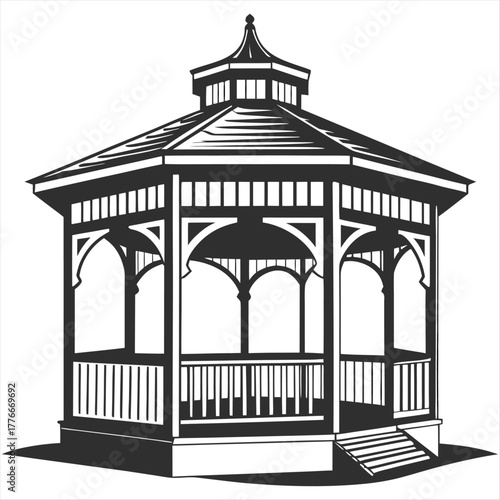 A monochrome illustration of a gazebo with a hexagonal roof and open sides on a white background