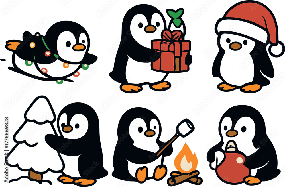 Naklejka premium Cute penguins celebrating Christmas with gift, tree, fire, and decorations in festive winter holiday scene vector illustration