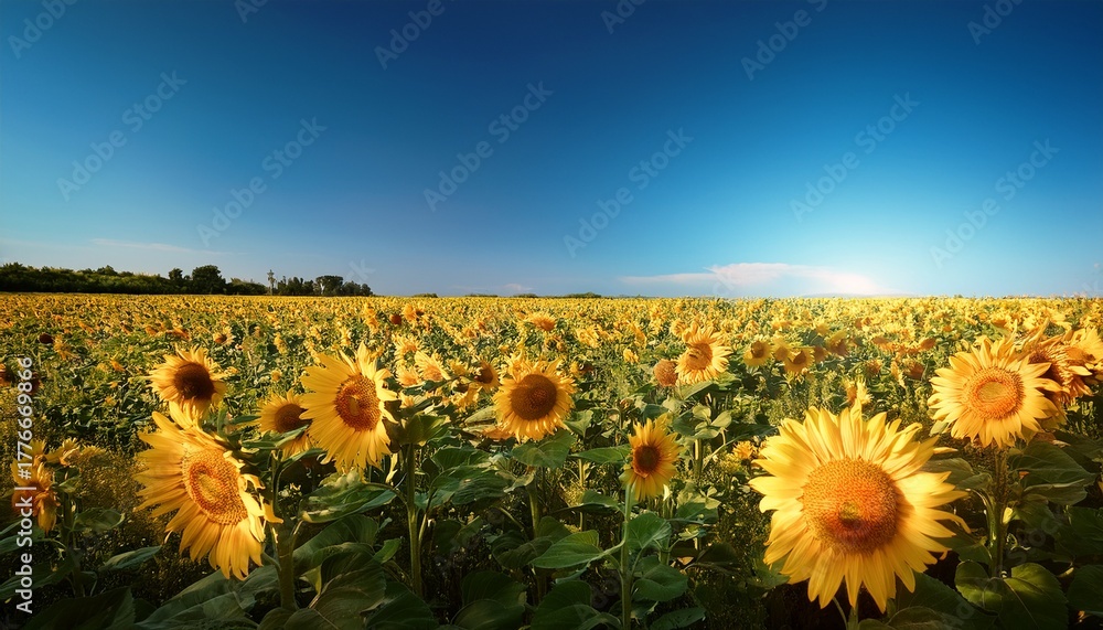 Fototapeta premium Field Of Tall Sunflowers With A Clear Blue Sky Field Harvest