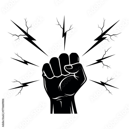 Dynamic power fist with lightning energy symbolizing strength and revolution