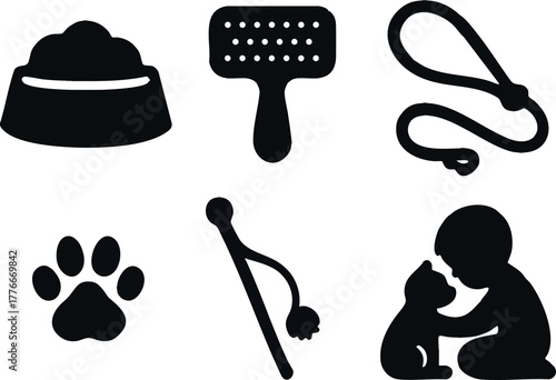 Pet care icons set including food bowl, brush, leash, paw print, toy, and person playing with dog vector illustration