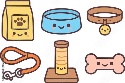 Cute pet accessories set including food bag, bowl, collar, leash, scratching post, and bone vector illustration
