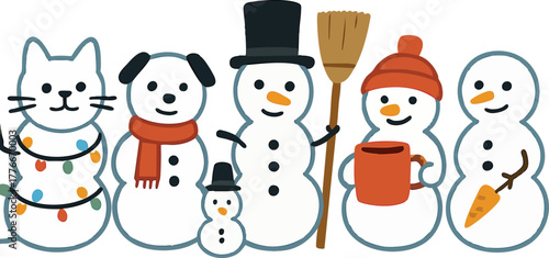 Cute snowman family with winter accessories and colorful lights in cheerful festive scene vector illustration