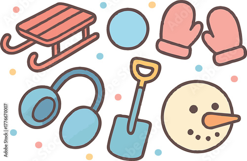 Winter season icons with sled mittens earmuffs shovel and snowman face vector illustration set in pastel colors