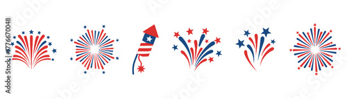 Collection of patriotic fireworks in red, white, and blue, perfect for celebrating the 4th of july and independence day on transparent background