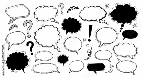 Hand-drawn doodle collection of comic speech bubbles, dialogue clouds, and thought balloons vector illustration