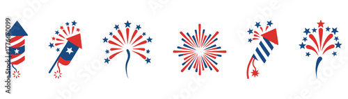 Set of festive patriotic fireworks in red, white, and blue, ideal for celebrating the 4th of july and independence day on transparent background
