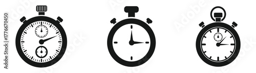 Three black stopwatch icons, representing time, deadline, measurement, and urgency in a simple and clean vector design on transparent background