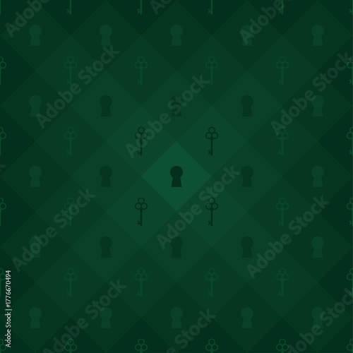 Wonderland seamless pattern. Keyholes on green background. Texture for fabric, wallpaper, decorative print