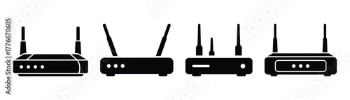 Collection of wireless router icons, representing network connectivity, internet access, and modern technology on transparent background
