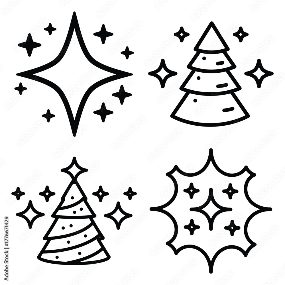 Obraz premium christmas sparkle outline icon set, black color and white background