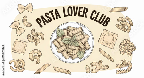Pasta Lover Club vintage style vector illustration with various pasta types like penne and fusilli
