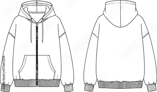 Technical flat sketch vector, oversized full-zip hooded sweatshirt, dropped shoulder design, front and back view, apparel fashion template.