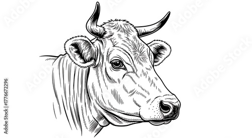 Detailed black and white engraving of a cow's head and neck, illustrated using classic cross-hatching for a vintage look