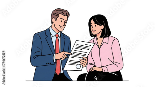 High-Quality Black Outline Colorful Art of Attorney Showing Document to Client, Table and File Outlined Simply, Minimal Legal Consultation Scene