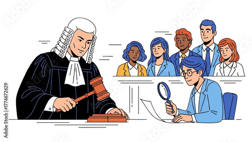 Colorful Art of Judge Striking Gavel While Businesspeople Listen, Minimal Courtroom Lines, and Auditor Reviewing Legal Documents with Magnifier in Corporate Office Scene