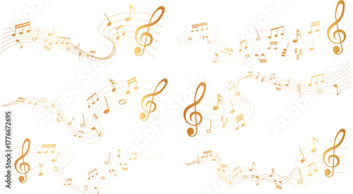 collection of gold colored sheet music illustrations - musical notes melody