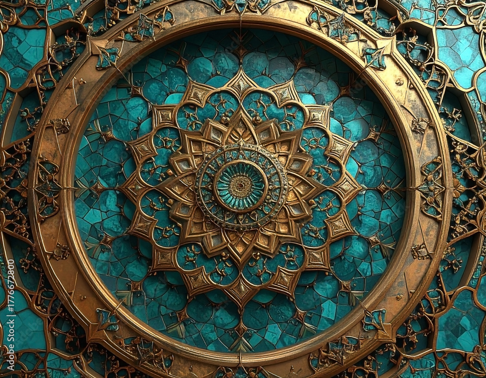 Fototapeta premium Elaborate turquoise stone and golden metallic mandala artwork illustration