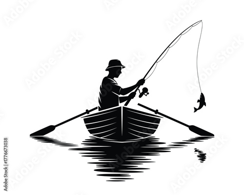 Fisherman in a rowboat catches a fish with his fishing rod