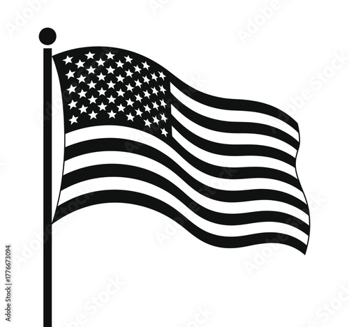 Black and white illustration of the american flag waving on a pole