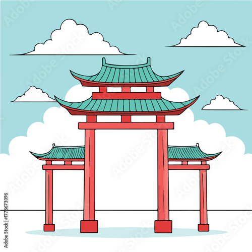 Japanese Torii Gate Vector Illustration: Vector design featuring a typical red Japanese Torii gate against a backdrop of sky and soft clouds.