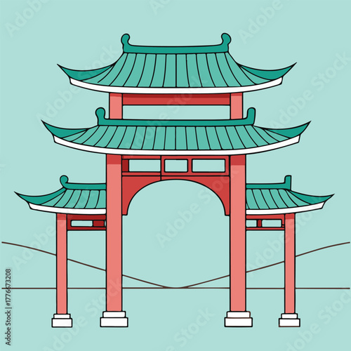 Japanese Torii Gate Vector Illustration: Vector design featuring a typical red Japanese Torii gate against a backdrop of sky and soft clouds.