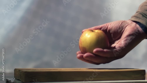 Woman throws apple fruit and catches